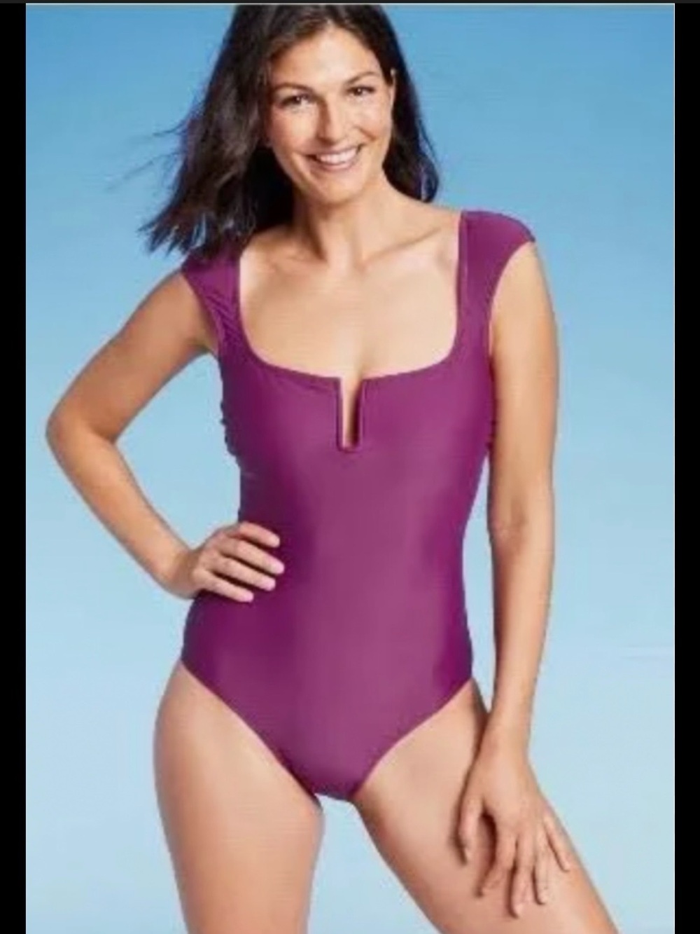 Shade & Shore Plum Scoop-Notch Cap-Sleeve One-Piece